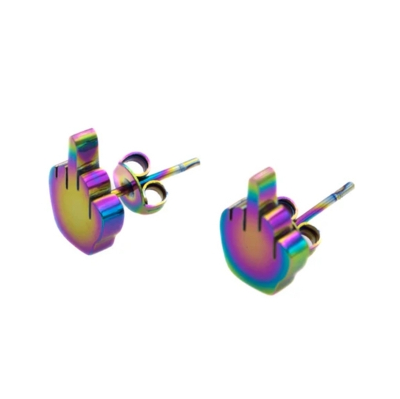 Metallic AB Rainbow Middle Finger Mini Hand Earrings Humor Statement Studs Punk - Picture 6 of 10